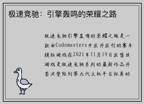极速竞驰：引擎轰鸣的荣耀之路