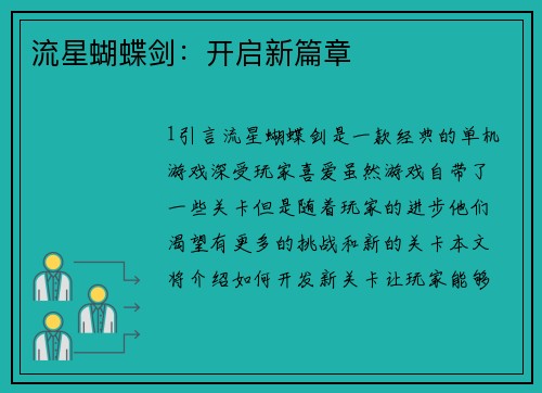 流星蝴蝶剑：开启新篇章